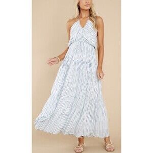Mink Pink Women Midi Dress  Blue Ivory Preppy Vacay Halter Coastal Size XS New